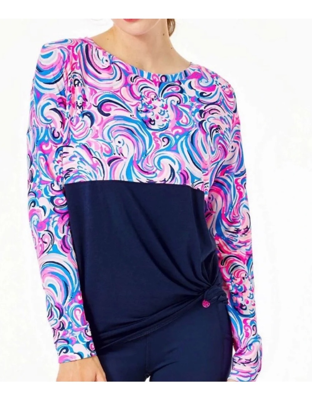 Lilly Pulitzer Finn long-sleeve top features a navy and pink swirl print